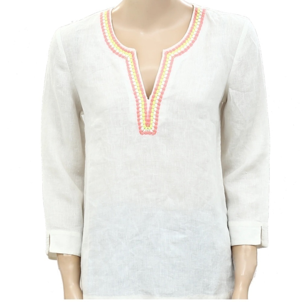 Penelope Anthropology Embroidered Linen Blouse Sz Large Floral V Neck Boho